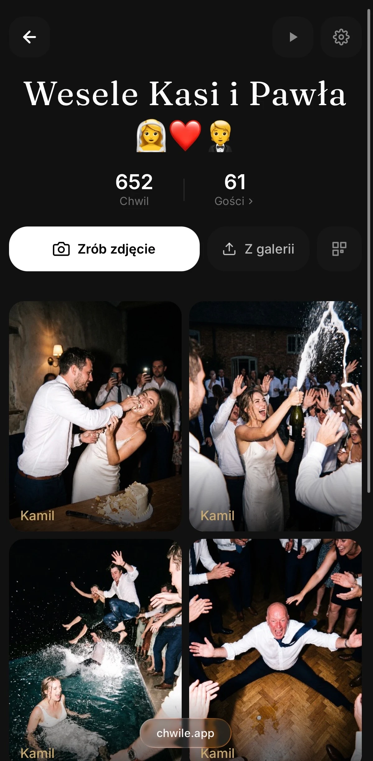 Galeria zdjęć z wesela w aplikacji Chwile